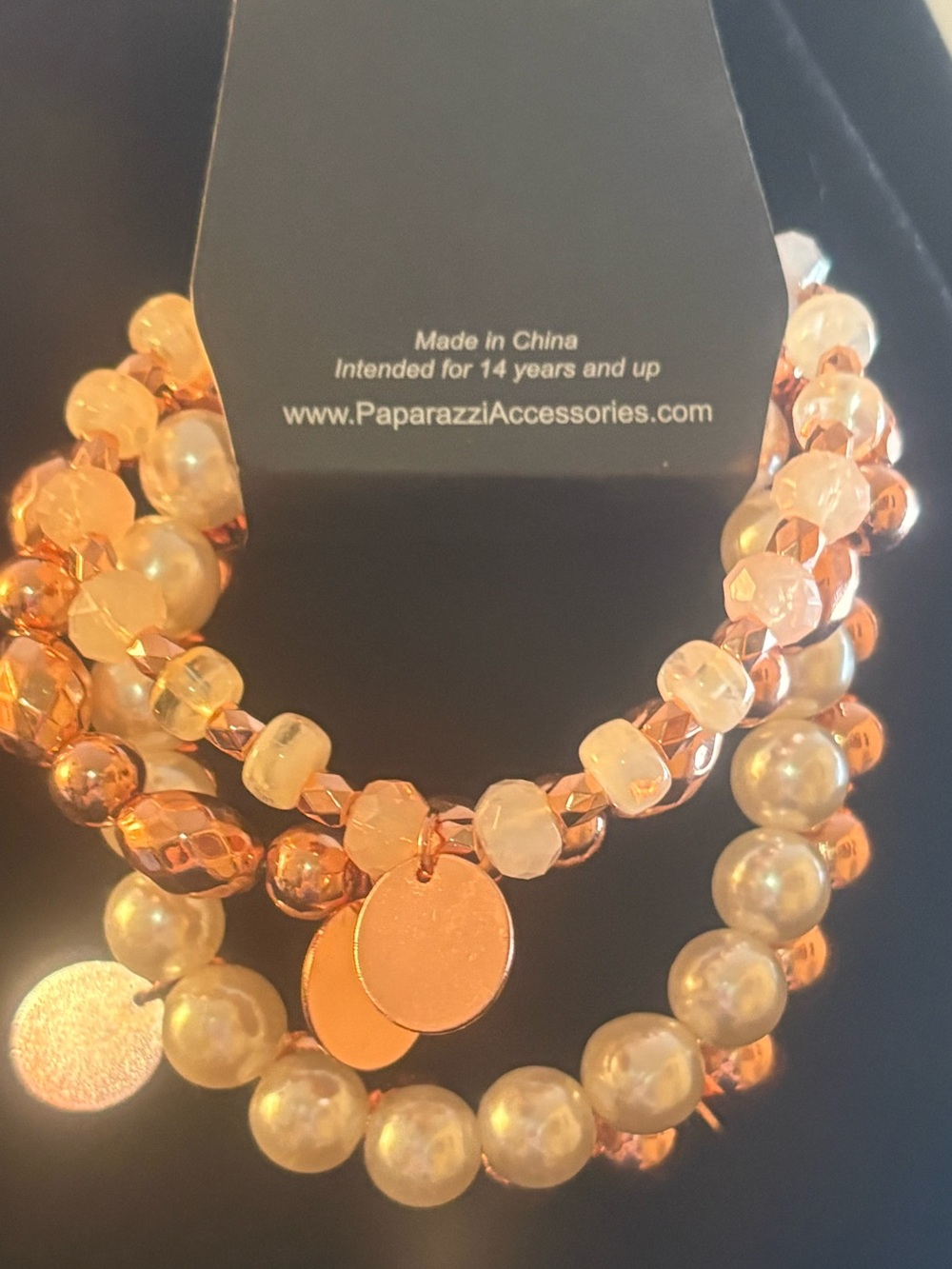 Paparazzi Rose Gold Layered Beaded Bracelet with cream pearls and Coin Charms - Picture 2 of 2